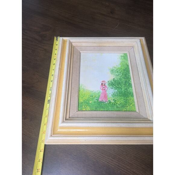 VTG Oil Painting Woman in Pink Dress in Garden Scene Signed Jennifer West 13x15 - Picture 2 of 16